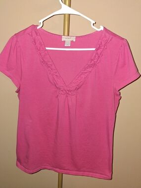 LOFT Bright Pink Ruffle Trim V-Neck Short Sleeve Tee